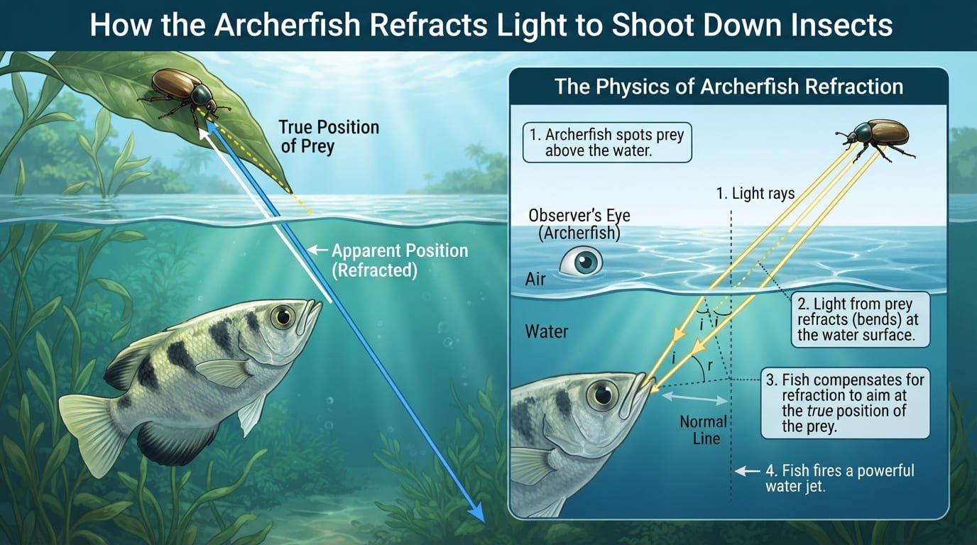 Toxotes jaculatrix: How the Archerfish Refracts Light to Shoot Down Insects with Water Jets