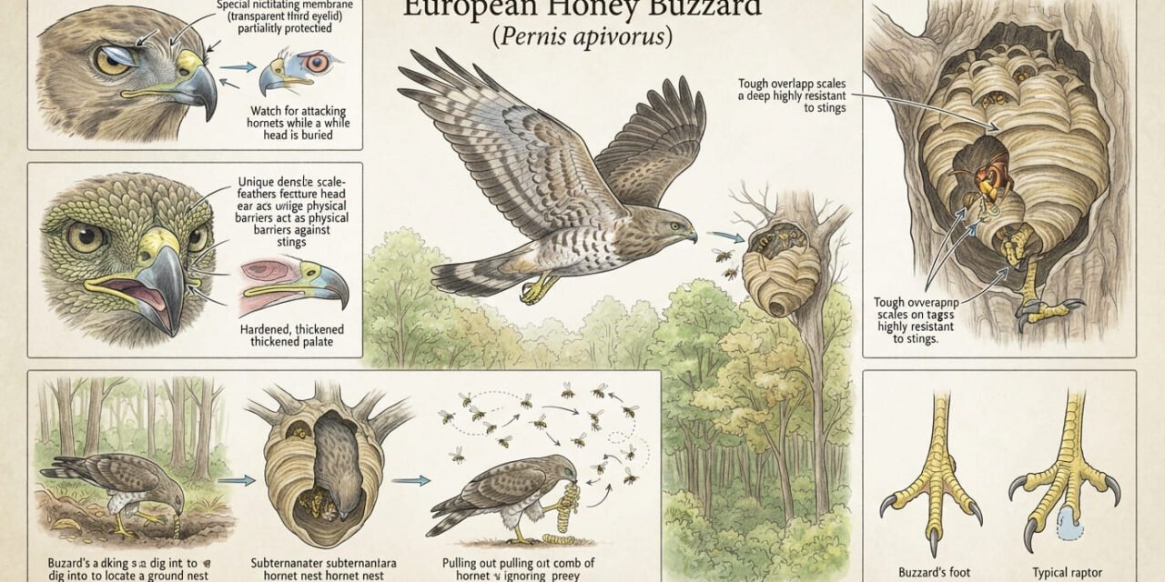 Pernis apivorus: How the European Honey Buzzard Raids Hornet Nests Unharmed
