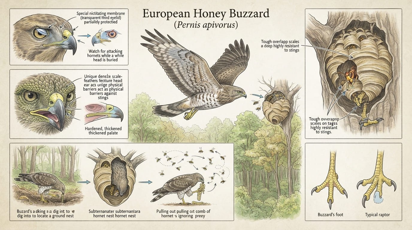 Pernis apivorus: How the European Honey Buzzard Raids Hornet Nests Unharmed
