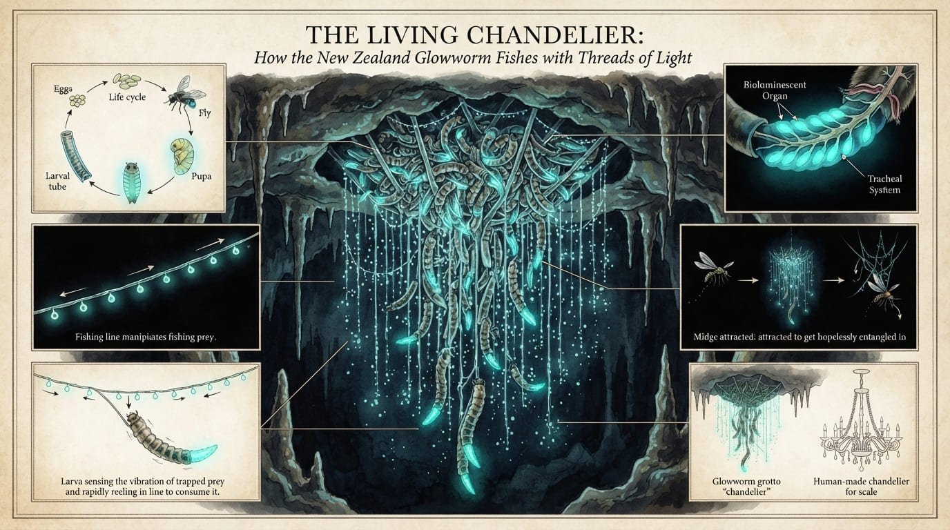 The Living Chandelier: How the New Zealand Glowworm Fishes with Threads of Light