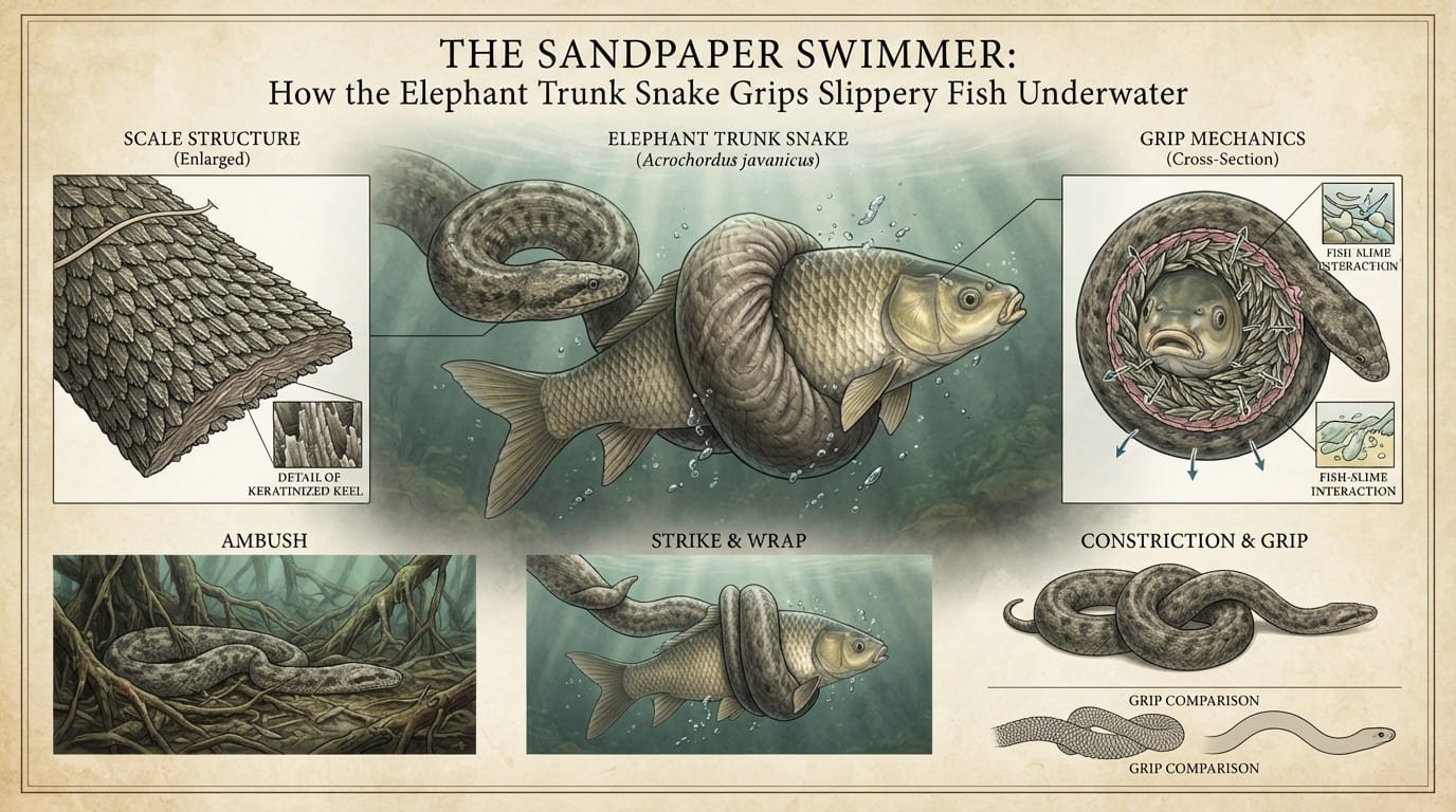 The Sandpaper Swimmer: How the Elephant Trunk Snake Grips Slippery Fish Underwater