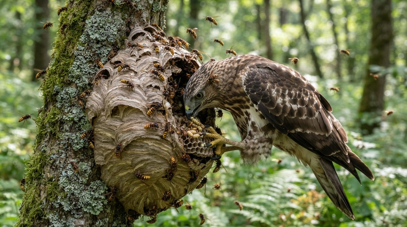 Pernis apivorus: How the European Honey Buzzard Raids Hornet Nests Unharmed