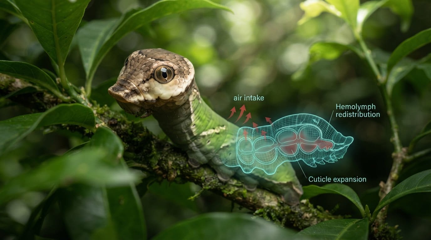 The Snake in the Leaves: How the Hawk Moth Caterpillar Inflates Its Body to Look Like a Deadly Viper