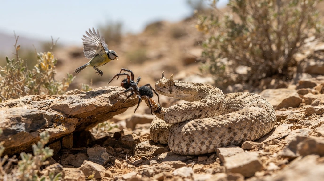 The Spider-Tailed Decoy: How This Horned Viper Uses a "Spider" on Its Tail to Catch Birds