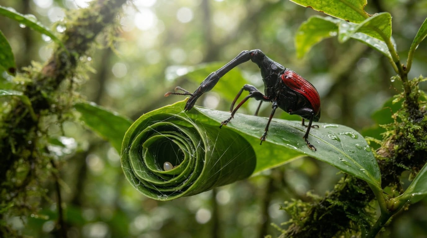 The Long-Necked Builder: How the Giraffe Weevil Rolls the Perfect Leaf Nursery