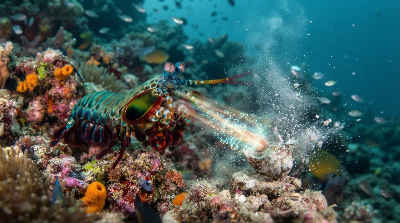Odontodactylus scyllarus: The Bullet-Speed Punch of the Peacock Mantis Shrimp